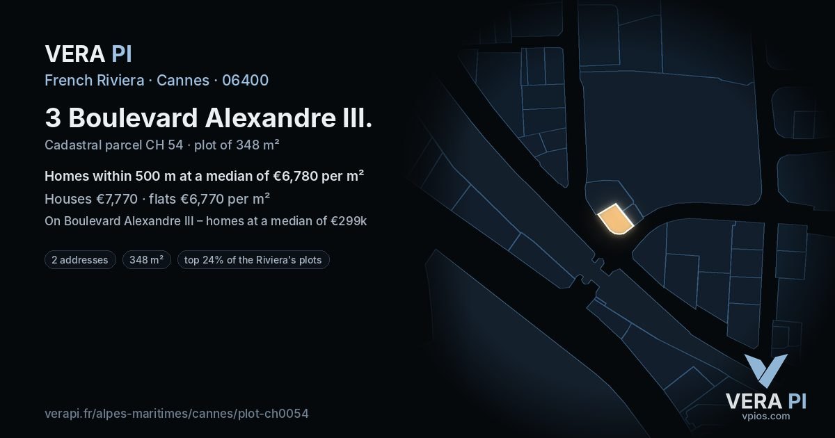 3 Boulevard Alexandre III, Cannes at night – the plot lit, the parcels around coloured by the prices near them