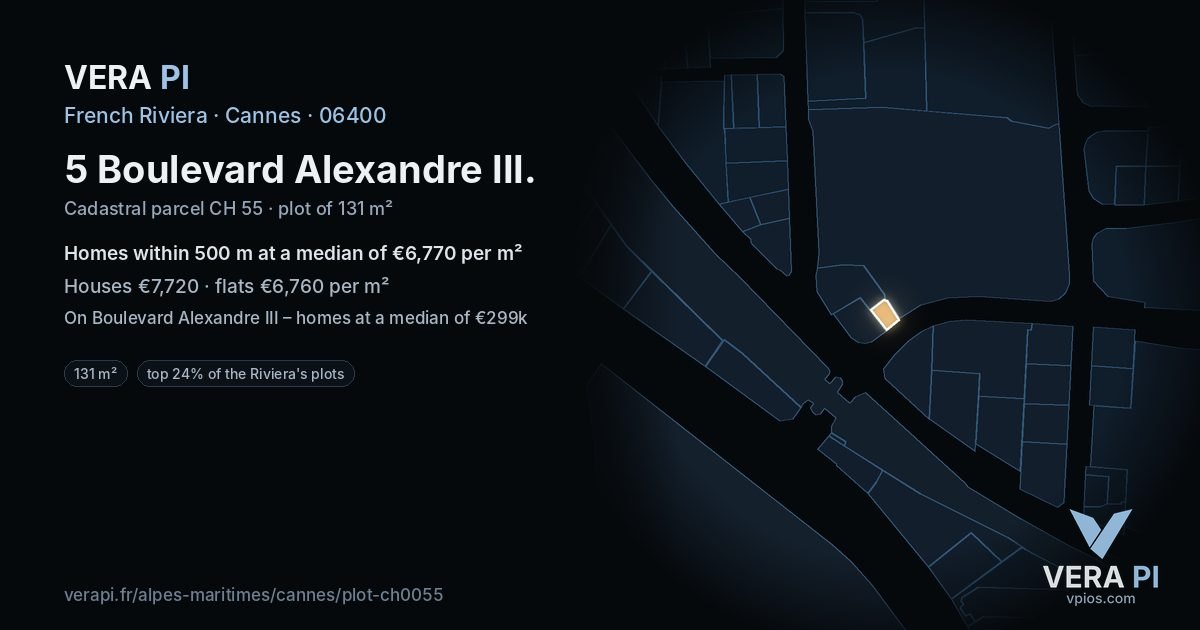 5 Boulevard Alexandre III, Cannes at night – the plot lit, the parcels around coloured by the prices near them