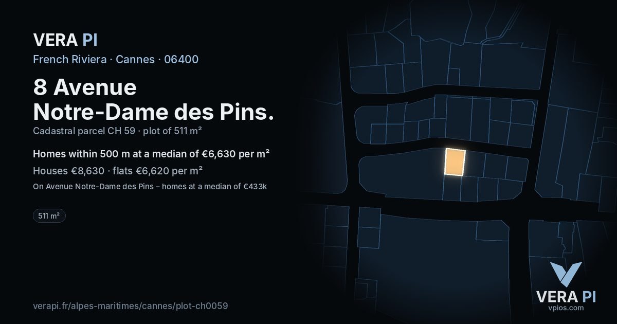 8 Avenue Notre-Dame des Pins, Cannes at night – the plot lit, the parcels around coloured by the prices near them