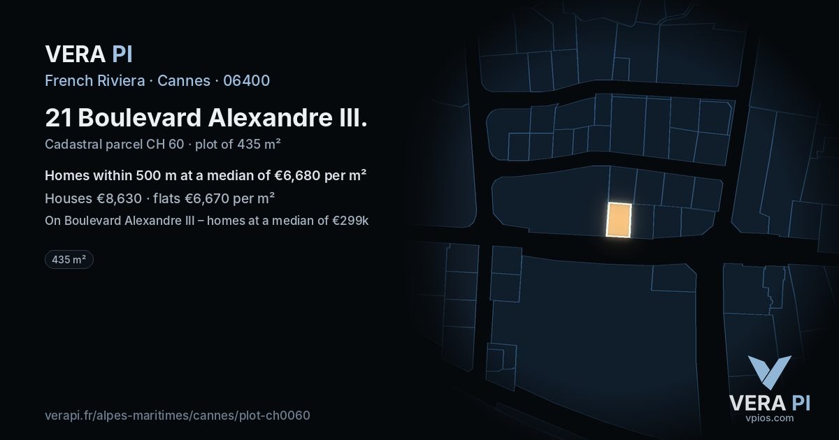 21 Boulevard Alexandre III, Cannes at night – the plot lit, the parcels around coloured by the prices near them