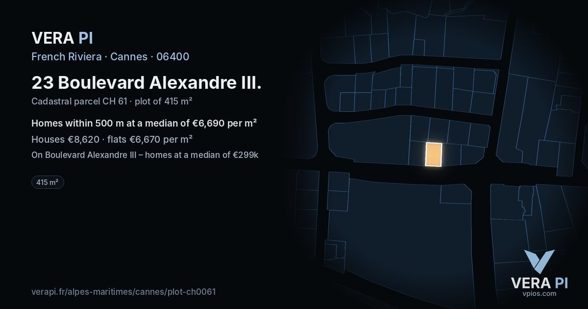 23 Boulevard Alexandre III, Cannes at night – the plot lit, the parcels around coloured by the prices near them