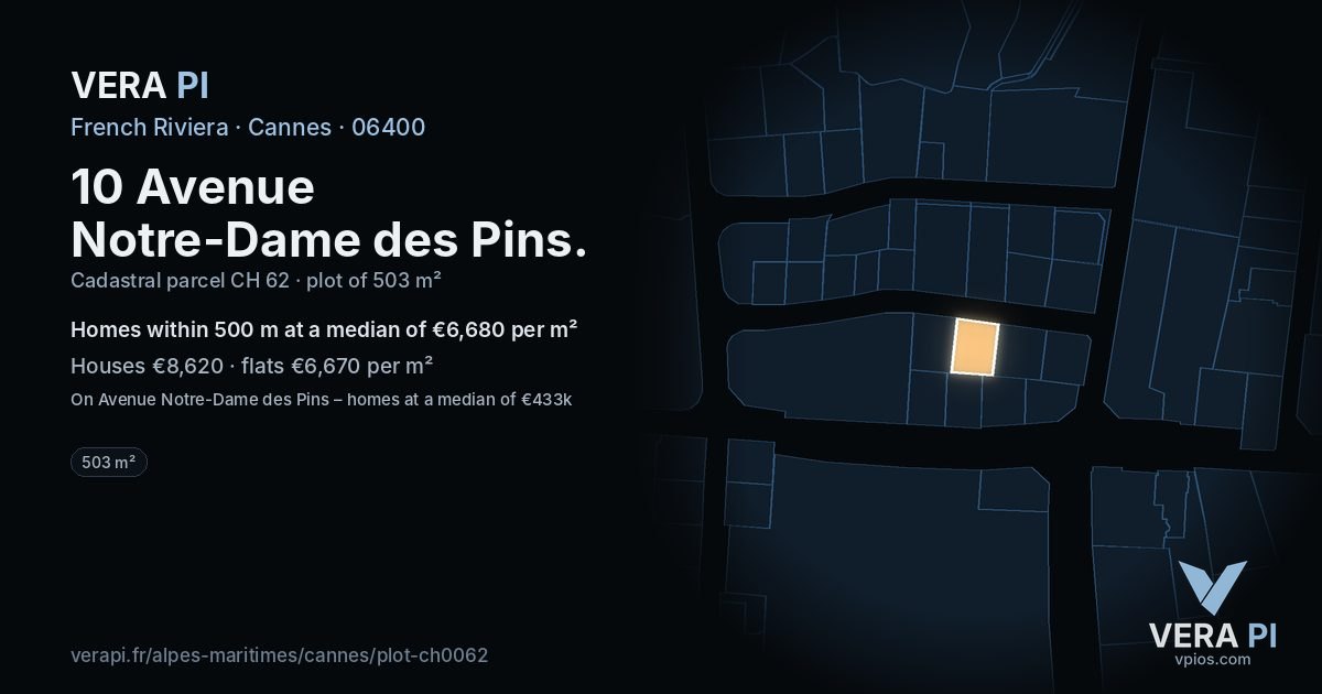10 Avenue Notre-Dame des Pins, Cannes at night – the plot lit, the parcels around coloured by the prices near them