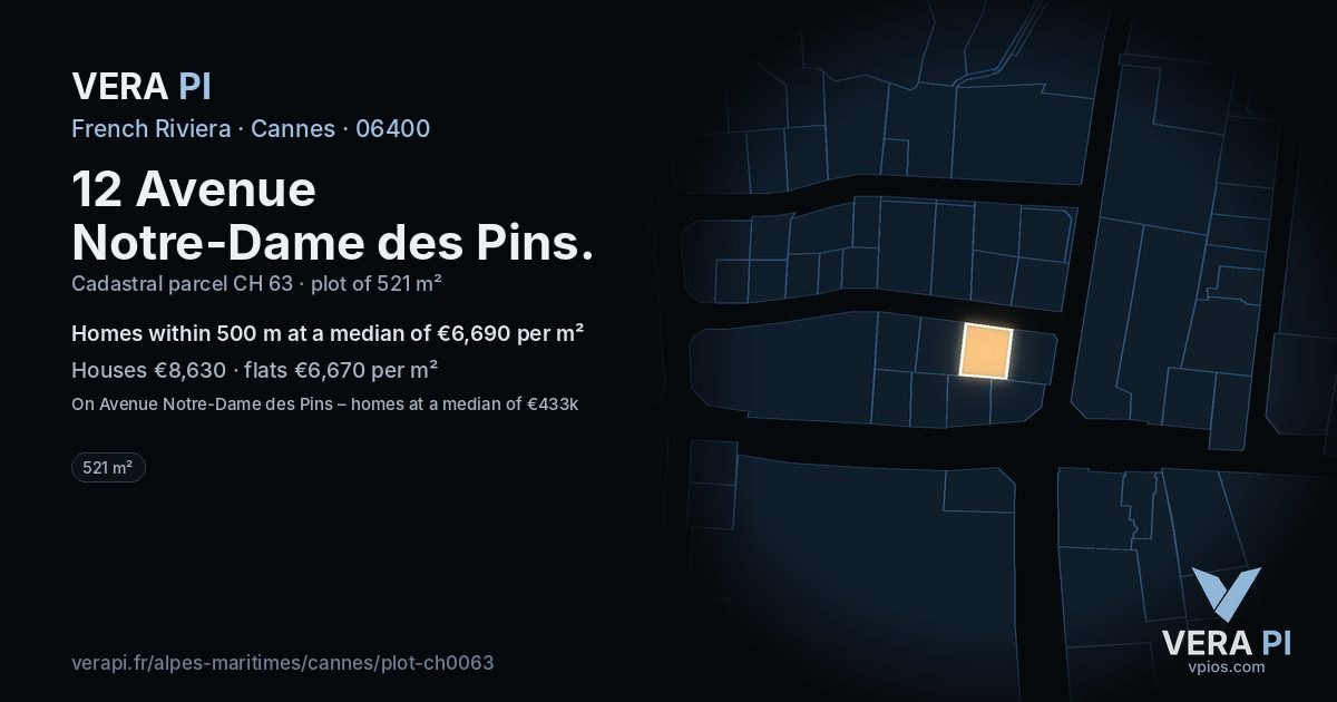 12 Avenue Notre-Dame des Pins, Cannes at night – the plot lit, the parcels around coloured by the prices near them