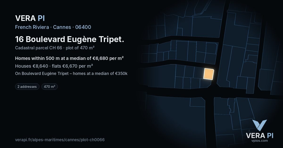 16 Boulevard Eugène Tripet, Cannes at night – the plot lit, the parcels around coloured by the prices near them