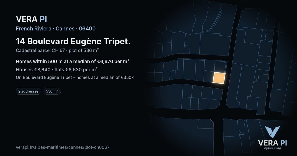 14 Boulevard Eugène Tripet, Cannes at night – the plot lit, the parcels around coloured by the prices near them