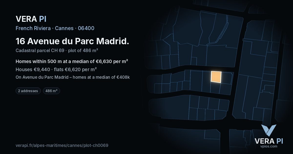 16 Avenue du Parc Madrid, Cannes at night – the plot lit, the parcels around coloured by the prices near them