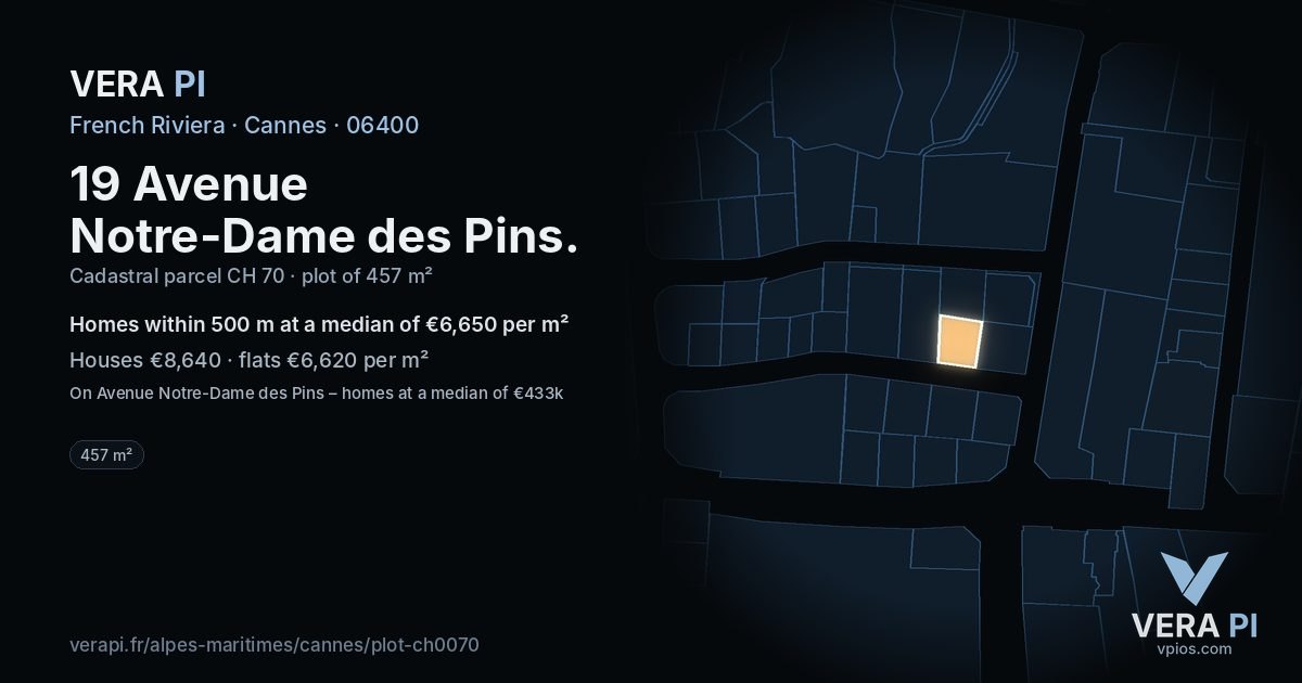 19 Avenue Notre-Dame des Pins, Cannes at night – the plot lit, the parcels around coloured by the prices near them
