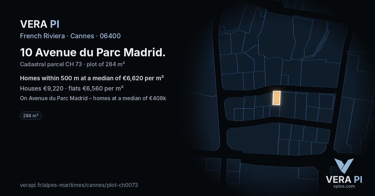 10 Avenue du Parc Madrid, Cannes at night – the plot lit, the parcels around coloured by the prices near them