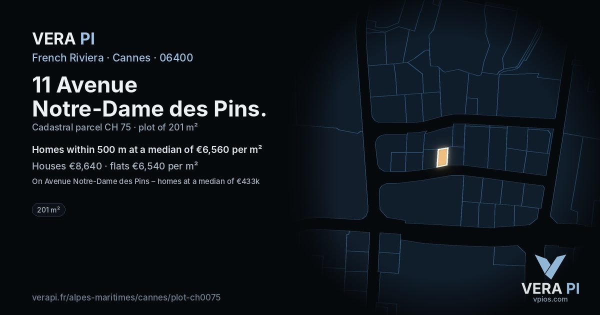 11 Avenue Notre-Dame des Pins, Cannes at night – the plot lit, the parcels around coloured by the prices near them