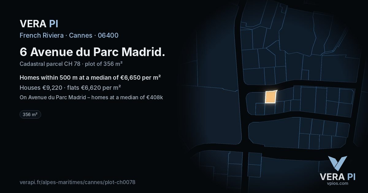 6 Avenue du Parc Madrid, Cannes at night – the plot lit, the parcels around coloured by the prices near them