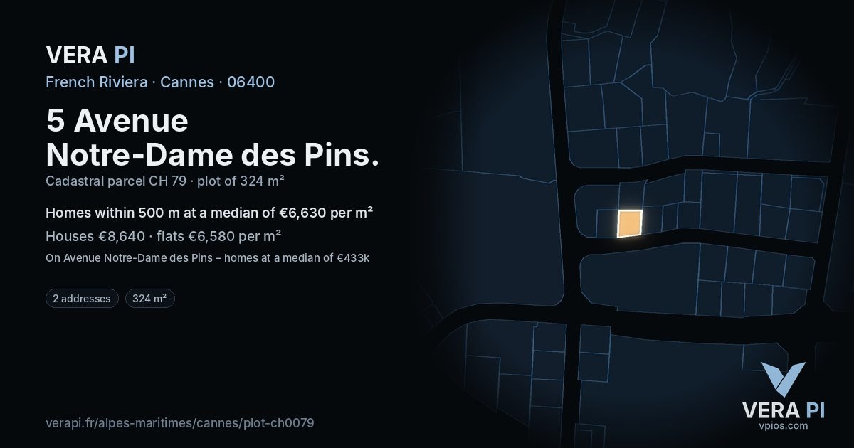 5 Avenue Notre-Dame des Pins, Cannes at night – the plot lit, the parcels around coloured by the prices near them