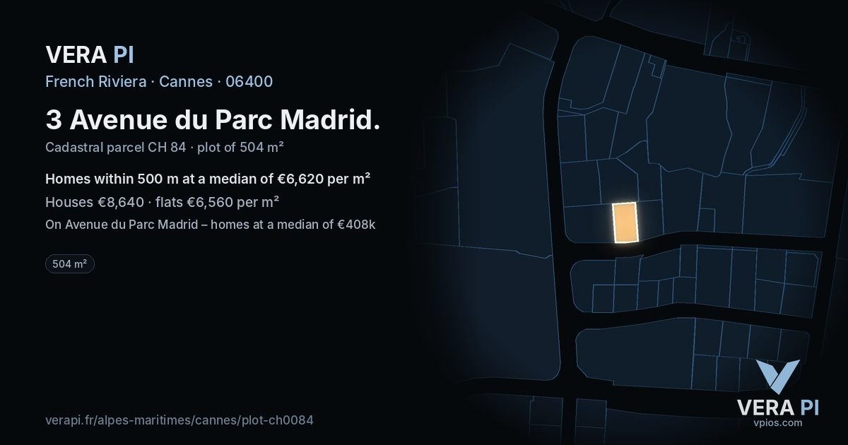 3 Avenue du Parc Madrid, Cannes at night – the plot lit, the parcels around coloured by the prices near them