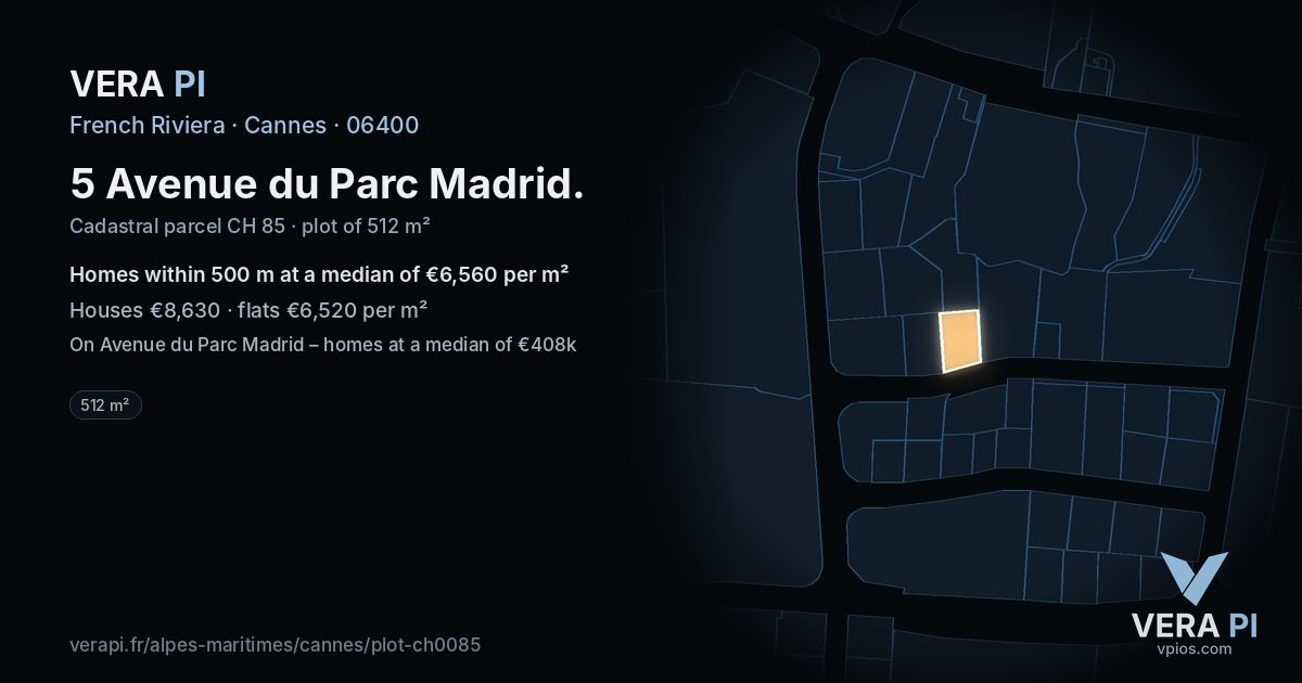 5 Avenue du Parc Madrid, Cannes at night – the plot lit, the parcels around coloured by the prices near them