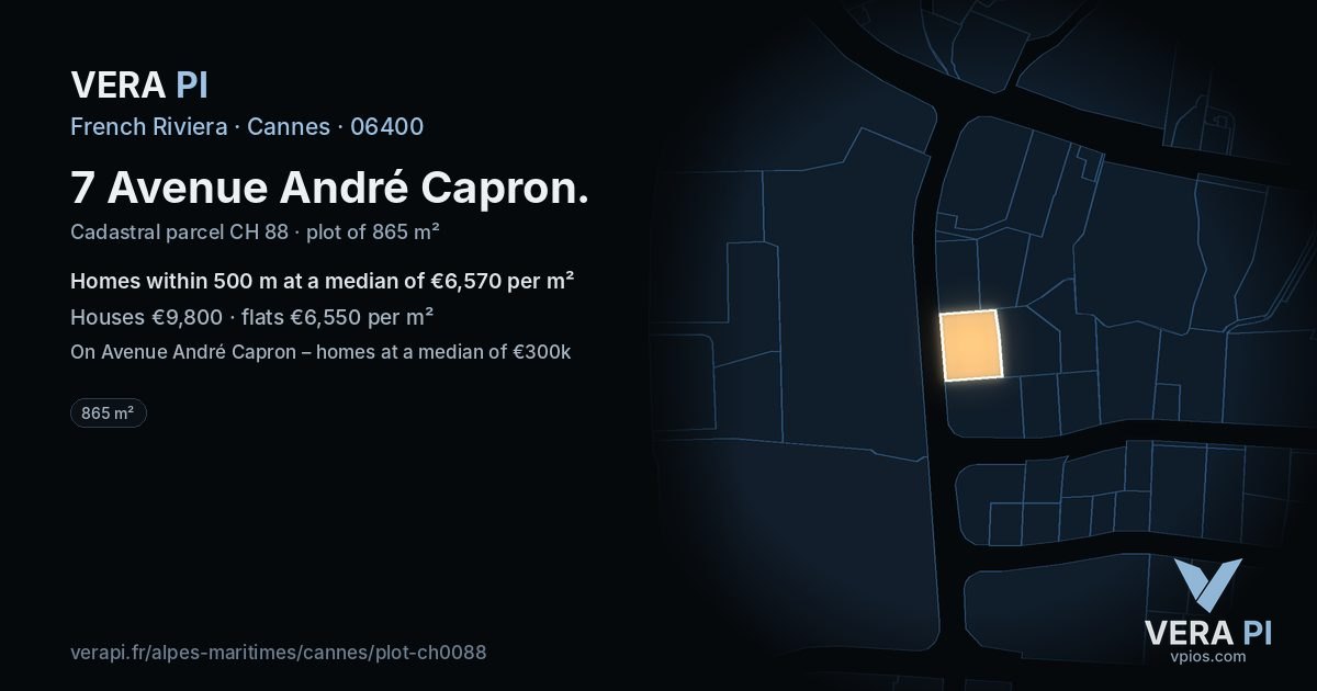 7 Avenue André Capron, Cannes at night – the plot lit, the parcels around coloured by the prices near them