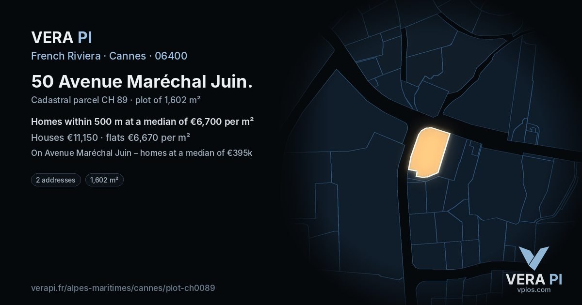 50 Avenue Maréchal Juin, Cannes at night – the plot lit, the parcels around coloured by the prices near them
