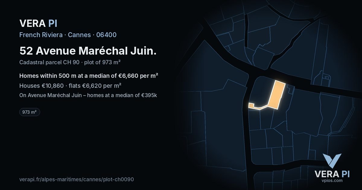 52 Avenue Maréchal Juin, Cannes at night – the plot lit, the parcels around coloured by the prices near them