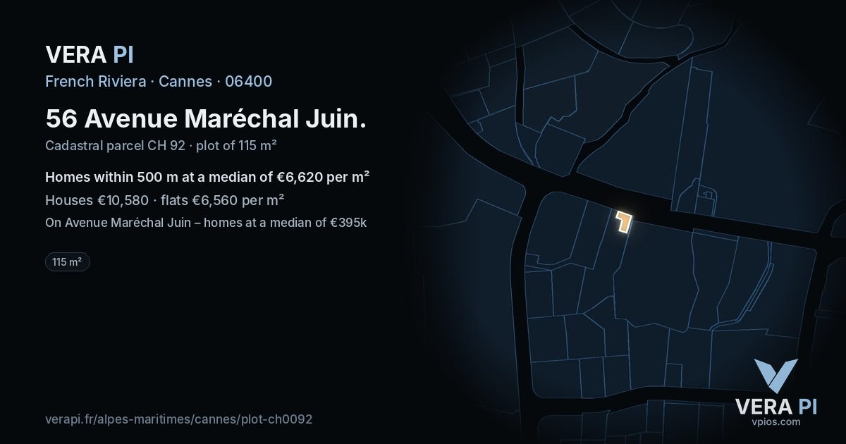 56 Avenue Maréchal Juin, Cannes at night – the plot lit, the parcels around coloured by the prices near them