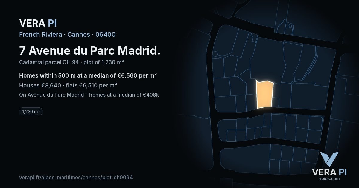 7 Avenue du Parc Madrid, Cannes at night – the plot lit, the parcels around coloured by the prices near them