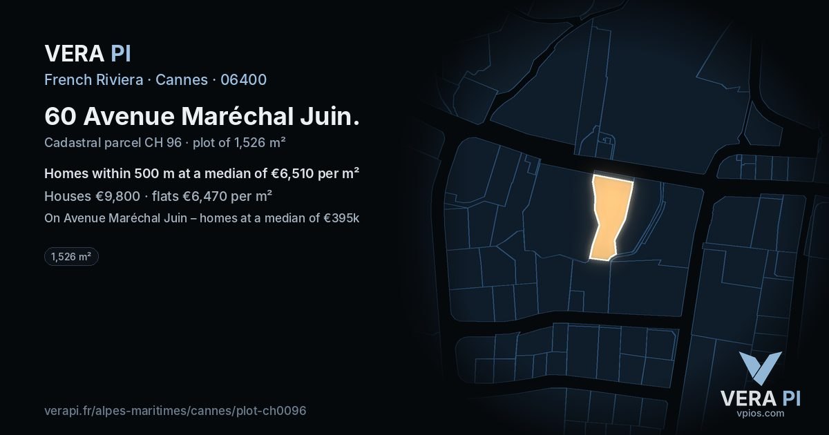 60 Avenue Maréchal Juin, Cannes at night – the plot lit, the parcels around coloured by the prices near them
