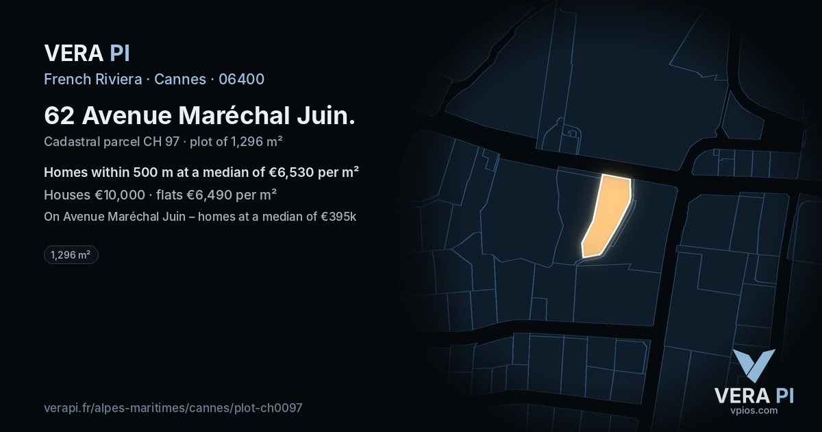 62 Avenue Maréchal Juin, Cannes at night – the plot lit, the parcels around coloured by the prices near them