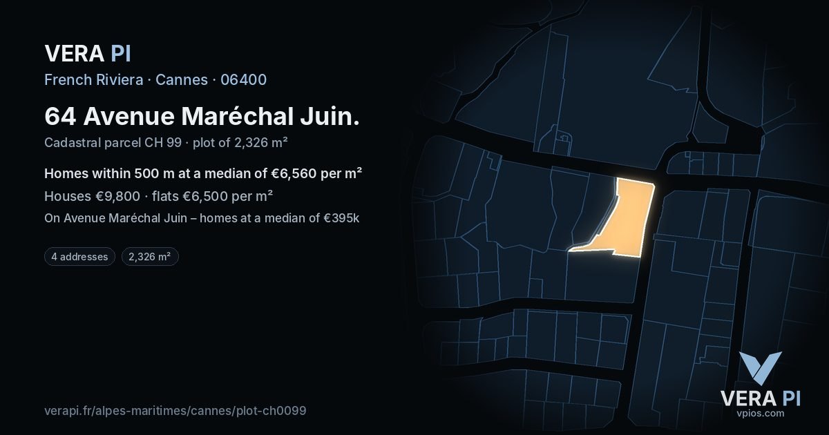 64 Avenue Maréchal Juin, Cannes at night – the plot lit, the parcels around coloured by the prices near them