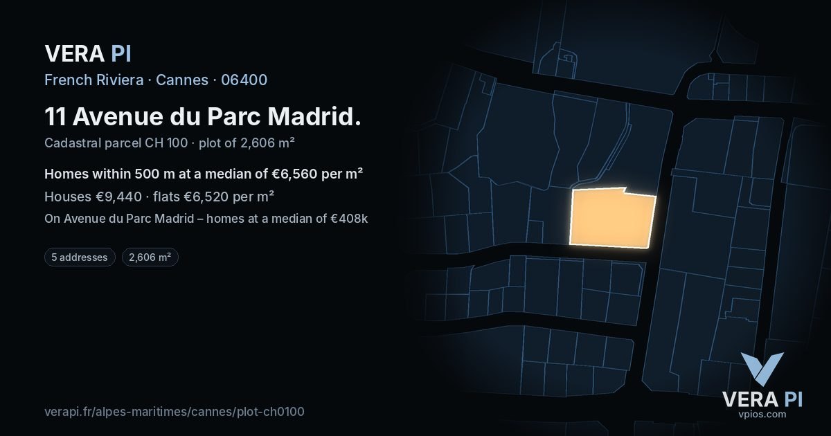 11 Avenue du Parc Madrid, Cannes at night – the plot lit, the parcels around coloured by the prices near them
