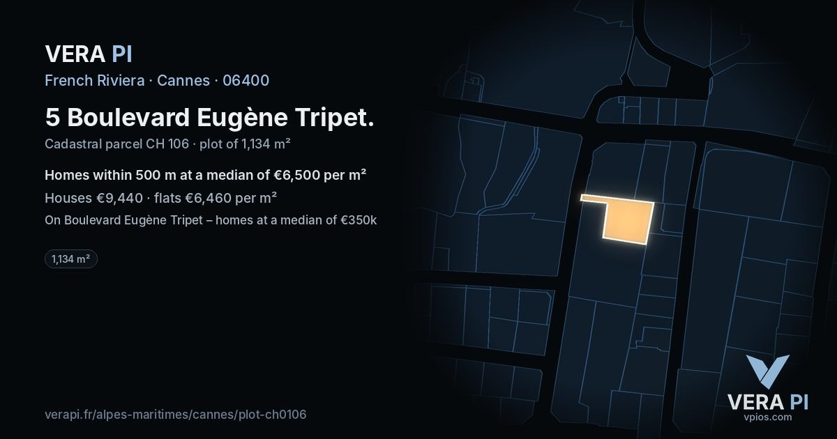 5 Boulevard Eugène Tripet, Cannes at night – the plot lit, the parcels around coloured by the prices near them