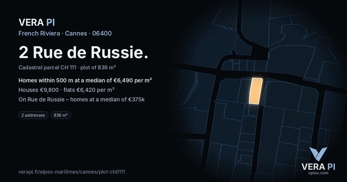 2 Rue de Russie, Cannes at night – the plot lit, the parcels around coloured by the prices near them
