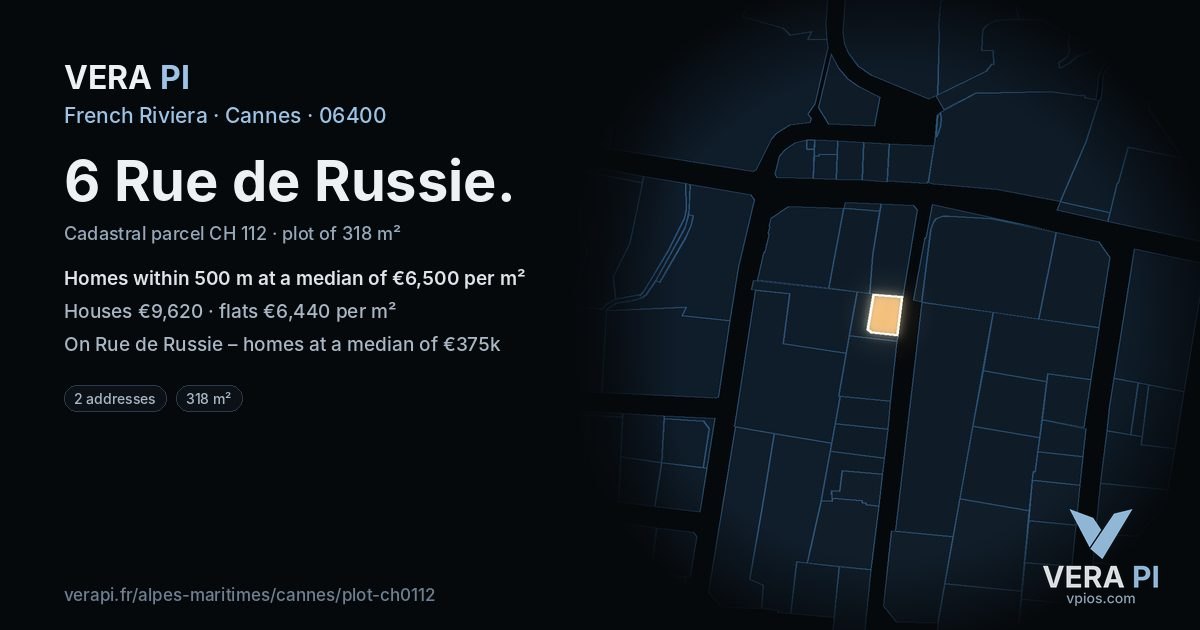 6 Rue de Russie, Cannes at night – the plot lit, the parcels around coloured by the prices near them