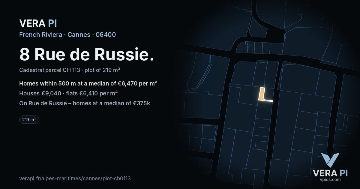 8 Rue de Russie, Cannes at night – the plot lit, the parcels around coloured by the prices near them