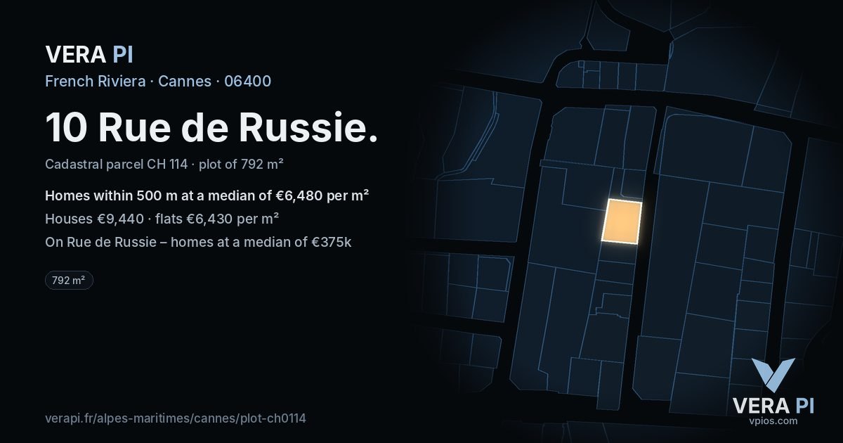 10 Rue de Russie, Cannes at night – the plot lit, the parcels around coloured by the prices near them