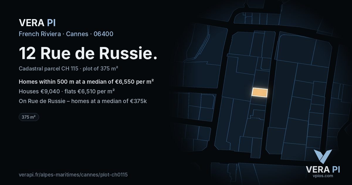 12 Rue de Russie, Cannes at night – the plot lit, the parcels around coloured by the prices near them