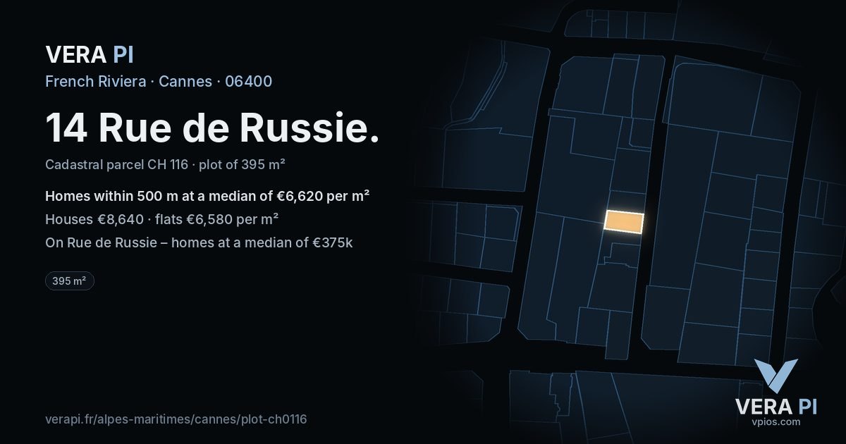 14 Rue de Russie, Cannes at night – the plot lit, the parcels around coloured by the prices near them