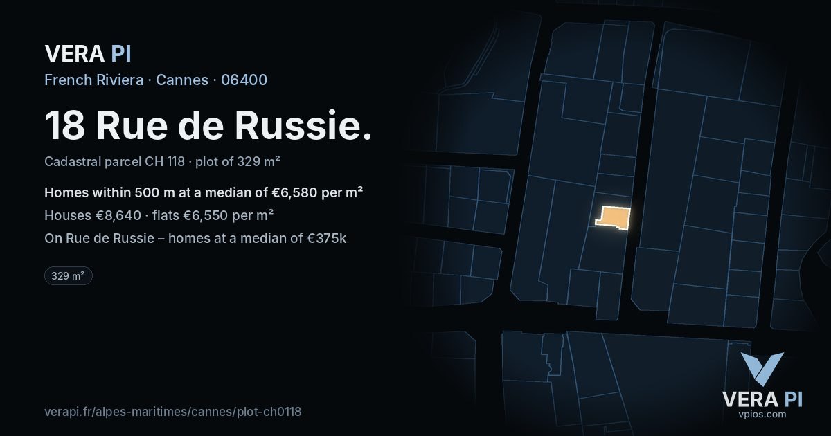 18 Rue de Russie, Cannes at night – the plot lit, the parcels around coloured by the prices near them