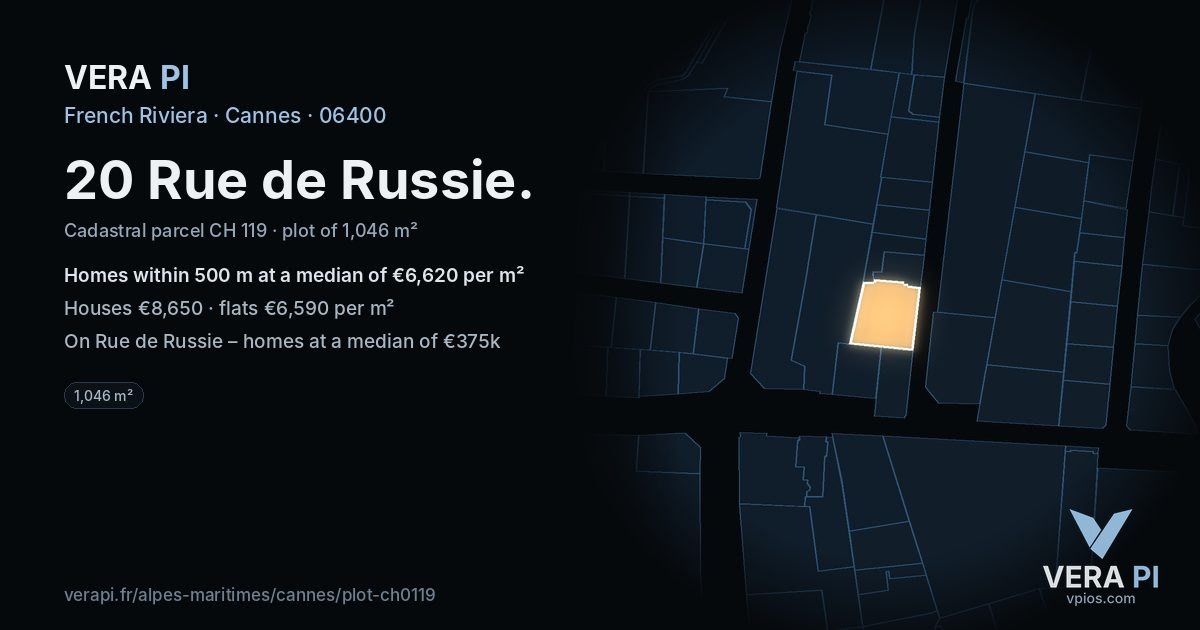 20 Rue de Russie, Cannes at night – the plot lit, the parcels around coloured by the prices near them