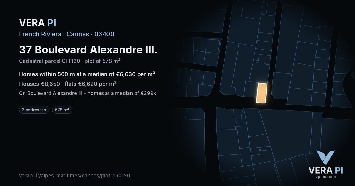 37 Boulevard Alexandre III, Cannes at night – the plot lit, the parcels around coloured by the prices near them