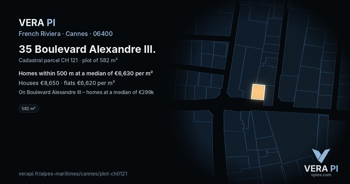 35 Boulevard Alexandre III, Cannes at night – the plot lit, the parcels around coloured by the prices near them