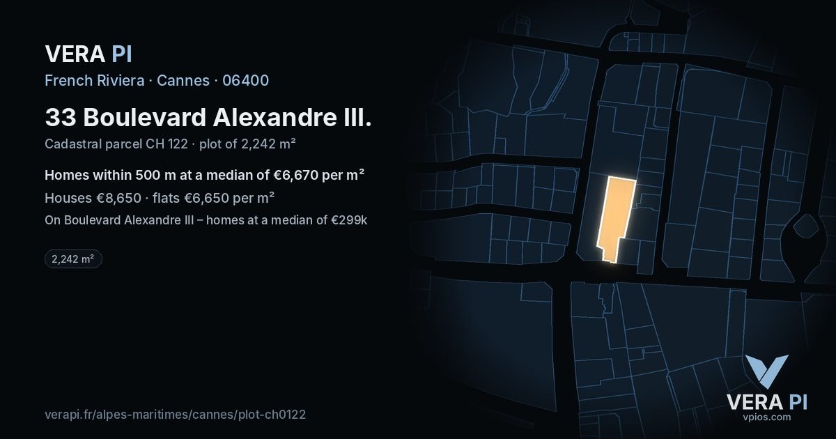 33 Boulevard Alexandre III, Cannes at night – the plot lit, the parcels around coloured by the prices near them