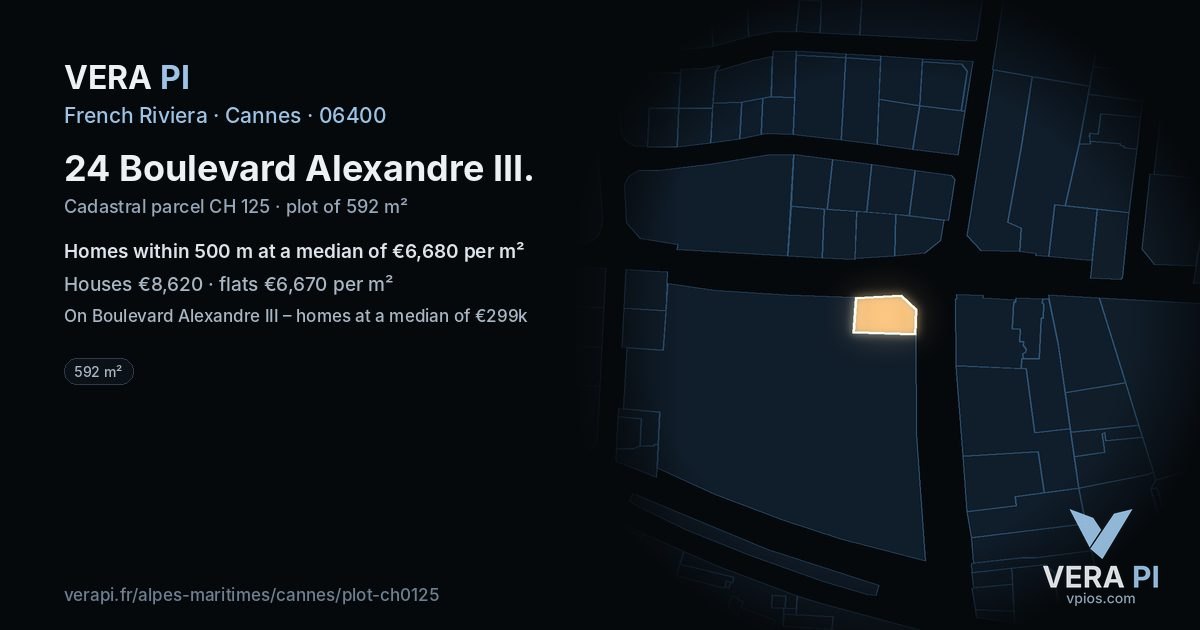 24 Boulevard Alexandre III, Cannes at night – the plot lit, the parcels around coloured by the prices near them