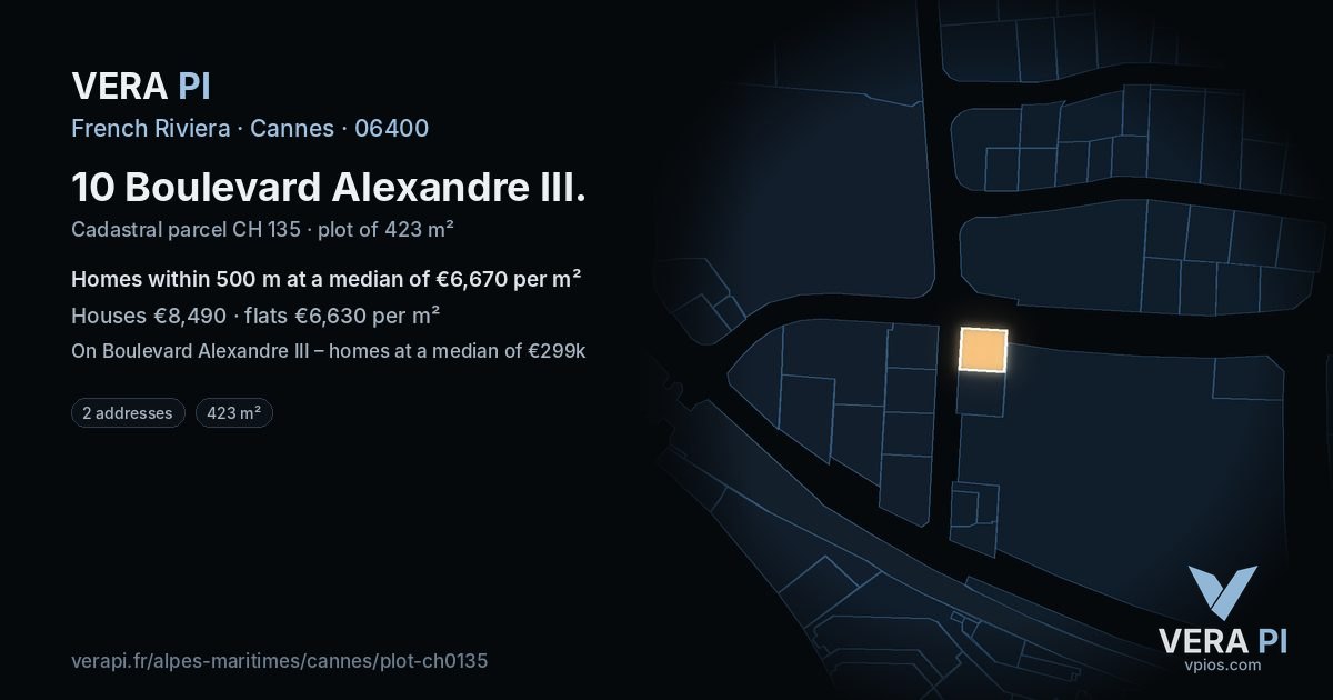 10 Boulevard Alexandre III, Cannes at night – the plot lit, the parcels around coloured by the prices near them