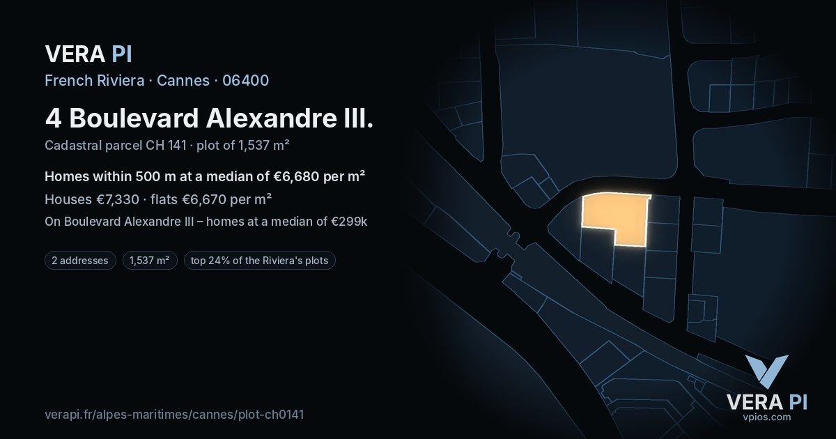 4 Boulevard Alexandre III, Cannes at night – the plot lit, the parcels around coloured by the prices near them