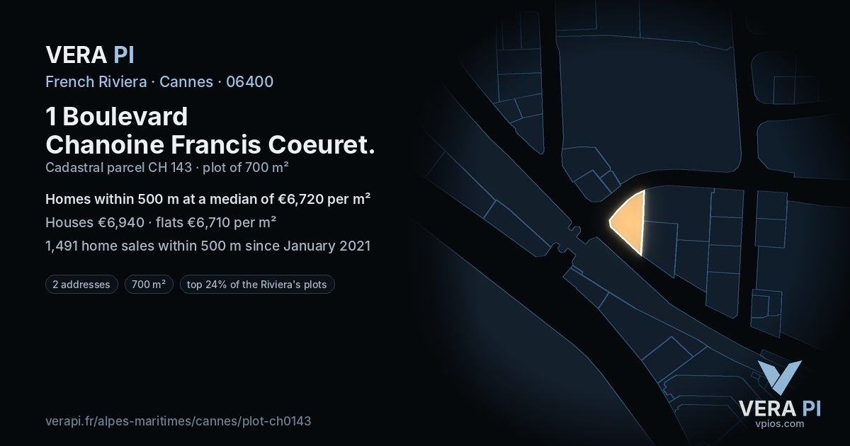 1 Boulevard Chanoine Francis Coeuret, Cannes at night – the plot lit, the parcels around coloured by the prices near them