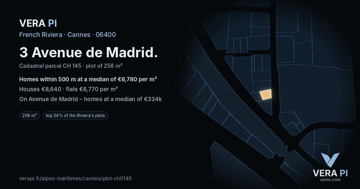 3 Avenue de Madrid, Cannes at night – the plot lit, the parcels around coloured by the prices near them