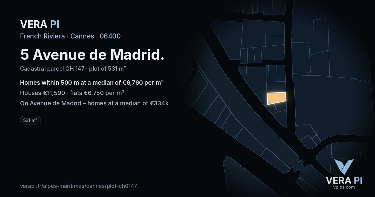 5 Avenue de Madrid, Cannes at night – the plot lit, the parcels around coloured by the prices near them