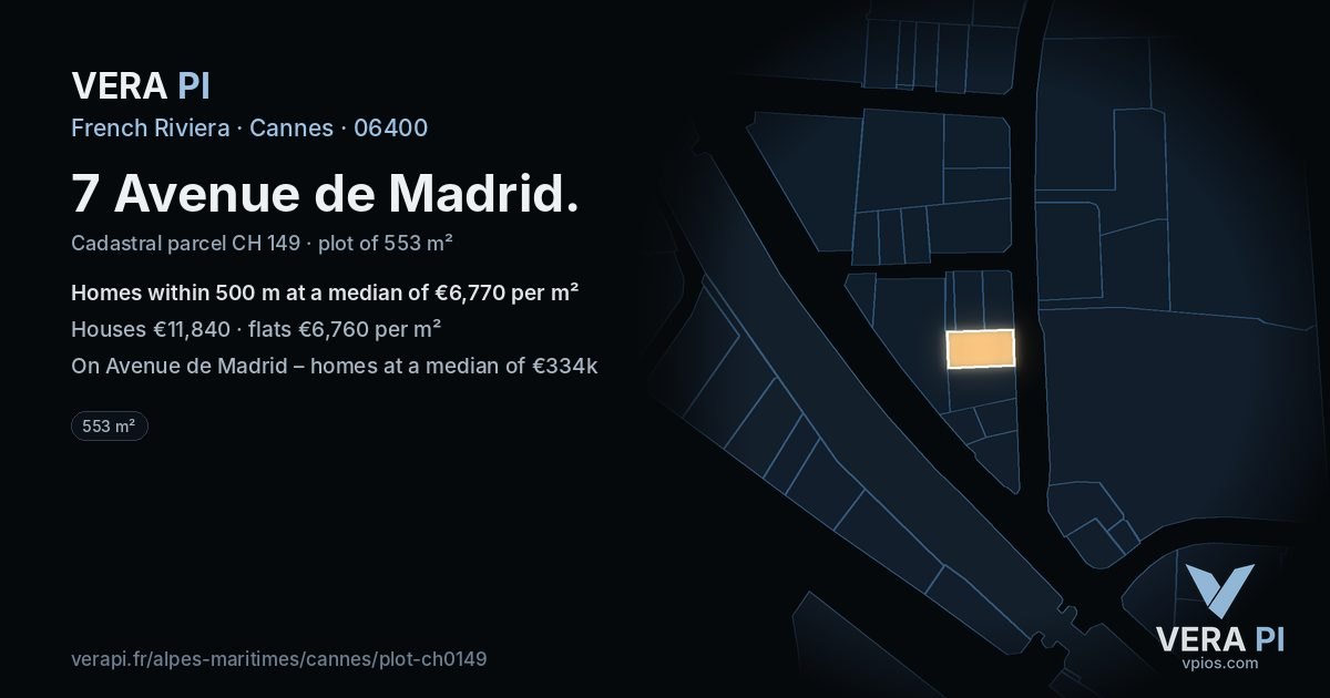 7 Avenue de Madrid, Cannes at night – the plot lit, the parcels around coloured by the prices near them