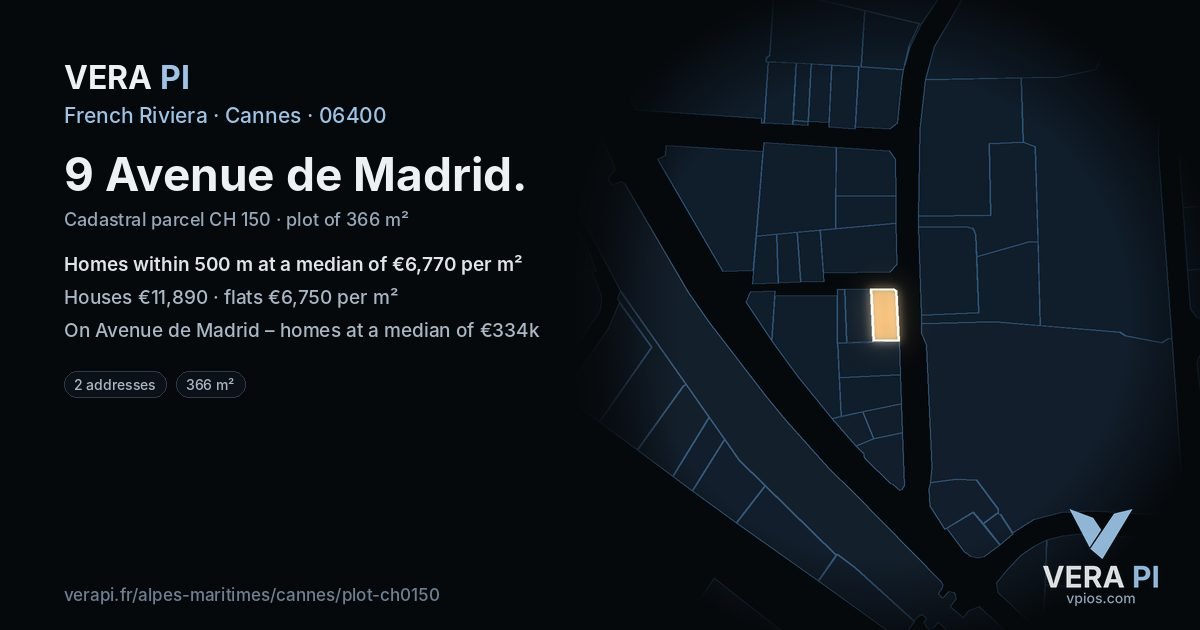 9 Avenue de Madrid, Cannes at night – the plot lit, the parcels around coloured by the prices near them