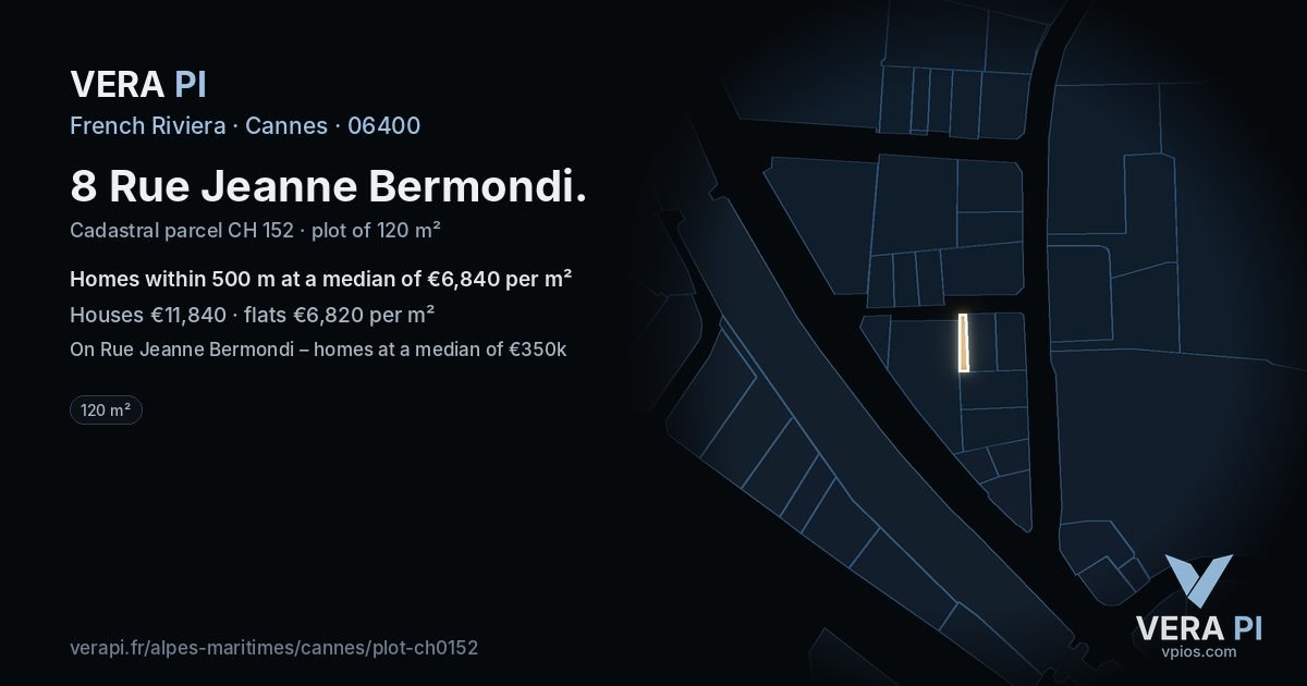 8 Rue Jeanne Bermondi, Cannes at night – the plot lit, the parcels around coloured by the prices near them