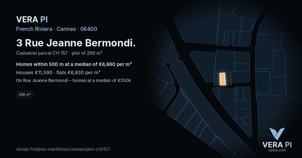 3 Rue Jeanne Bermondi, Cannes at night – the plot lit, the parcels around coloured by the prices near them