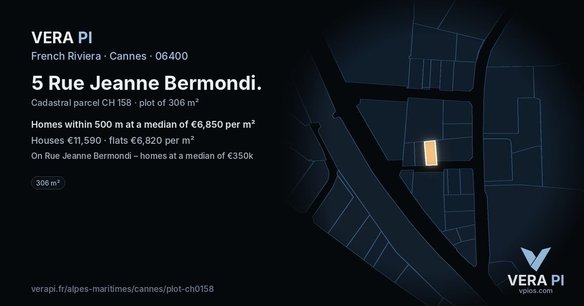 5 Rue Jeanne Bermondi, Cannes at night – the plot lit, the parcels around coloured by the prices near them