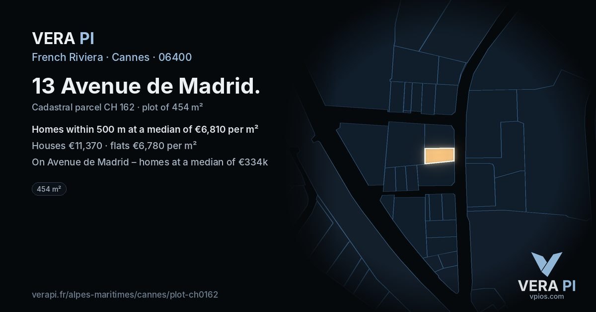 13 Avenue de Madrid, Cannes at night – the plot lit, the parcels around coloured by the prices near them